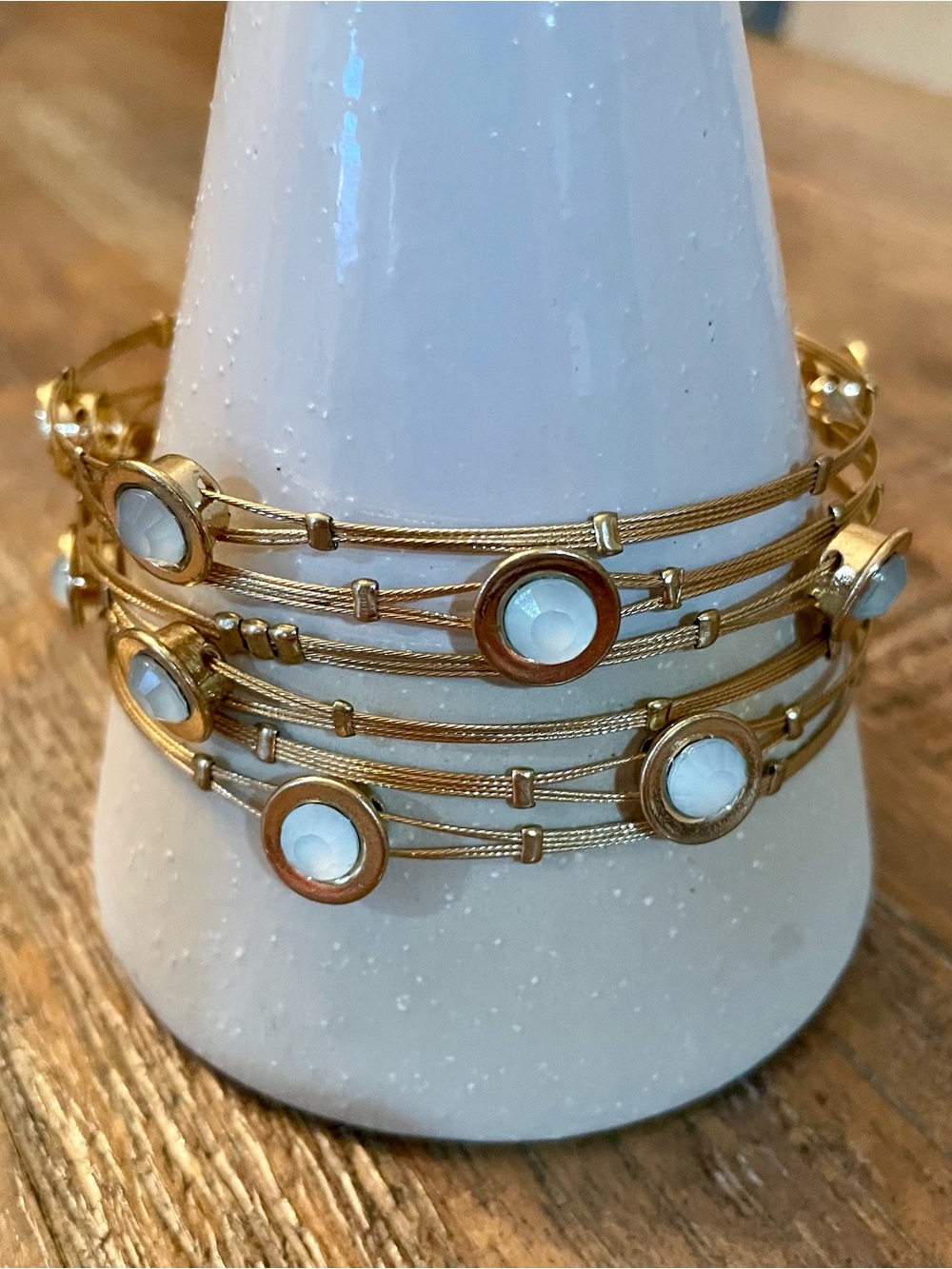 Gold-Tone Wire Multi-Strand Bracelet with White Stone/Glass Accents